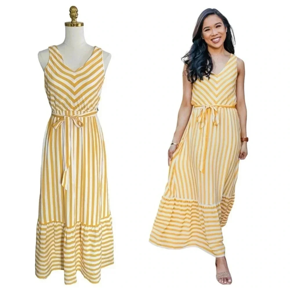 LOFT | Women Mustard/White Striped Chevron Flounce Maxi Dress Size 0P - Picture 2 of 15